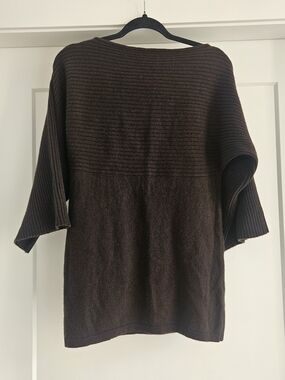 Anne Klein 100% Cashmere Brown Ribbed-Knit Boatneck Sweater Dolman Sleeves Sz L
